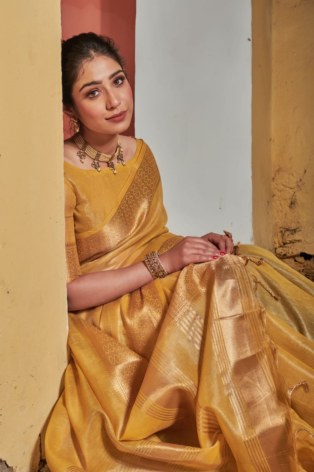 Maheshwari Tissue Silk Weaving Yellow Colour Saree