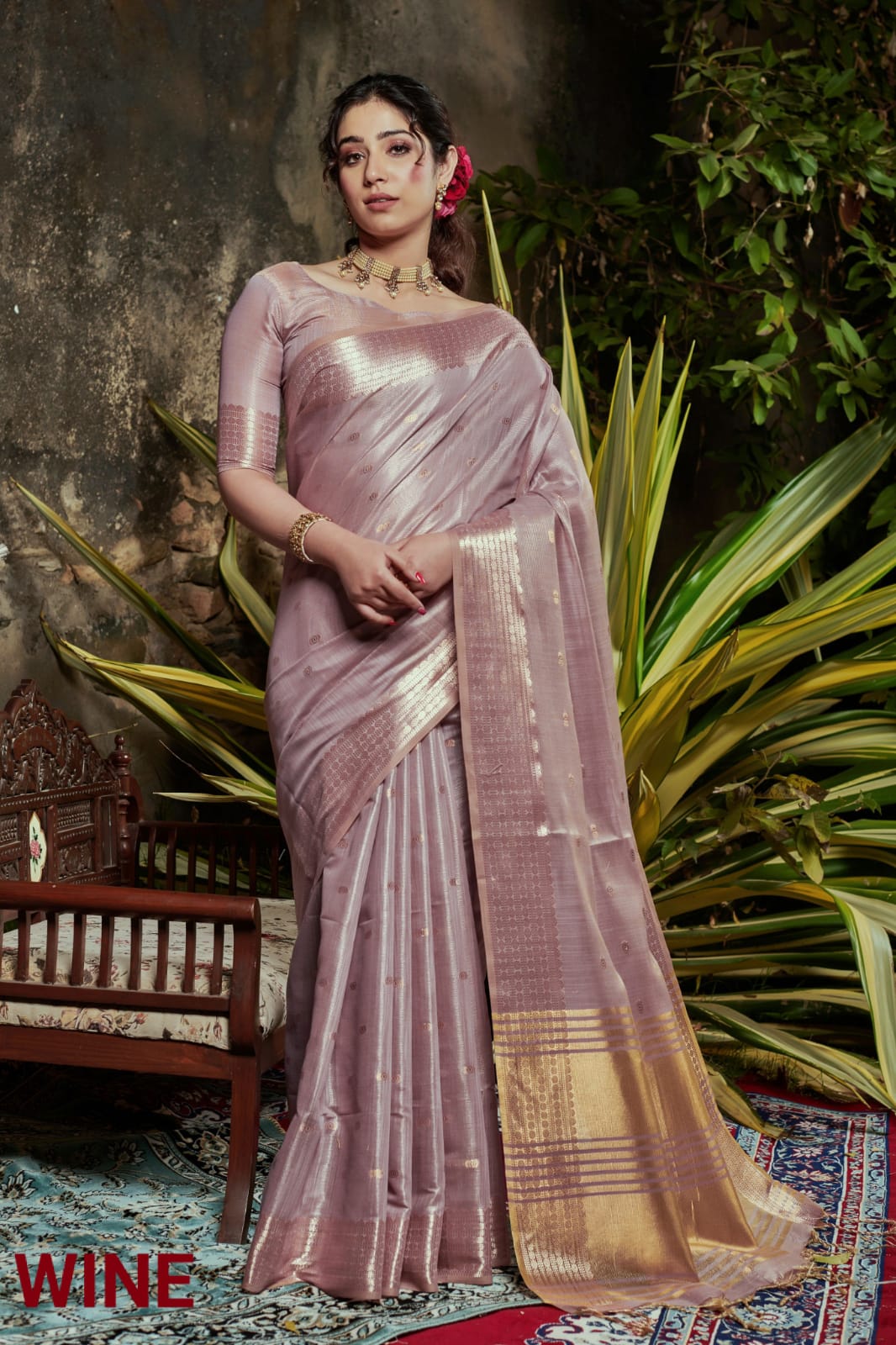 Maheshwari Tissue Silk Weaving Wine Colour Saree