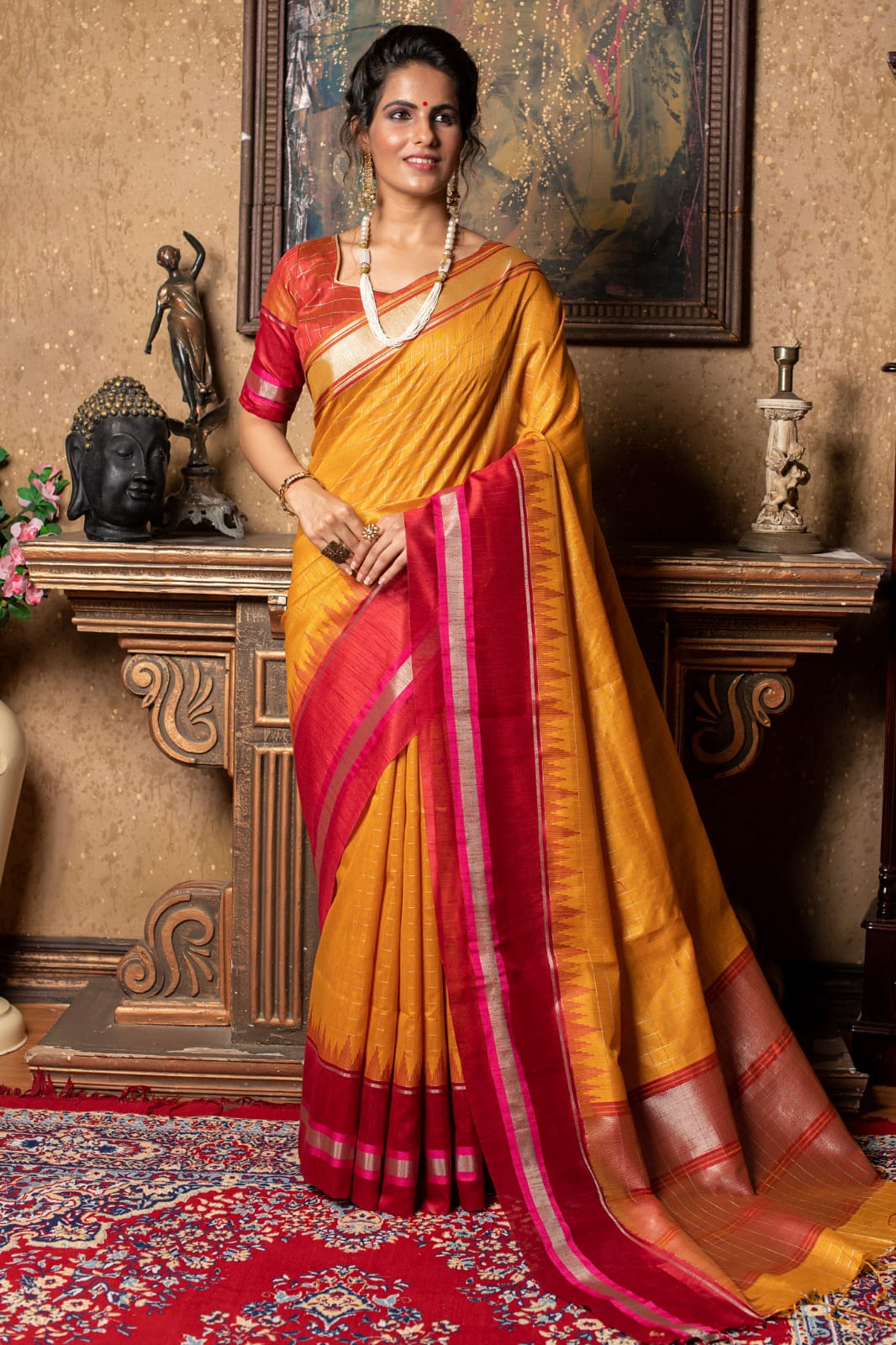 Yellow Raw silk Silver Zari checks sarees
