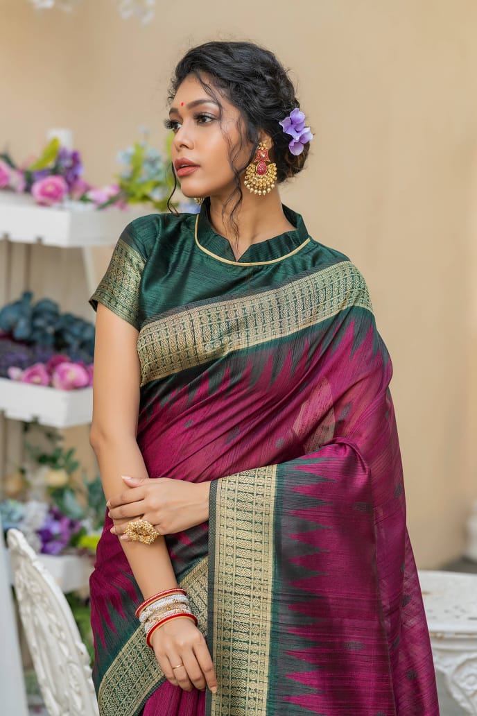 Semi Pure Tussur Silk weaving Saree With Temple Woven Border