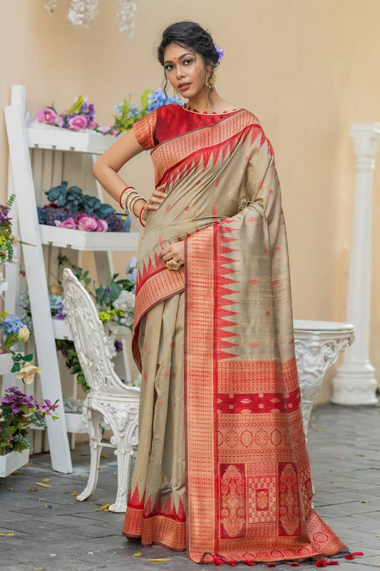 Semi Pure Tussur Silk weaving Saree With Temple Woven Border