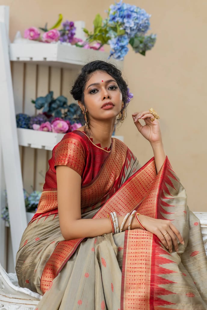 Semi Pure Tussur Silk weaving Saree With Temple Woven Border