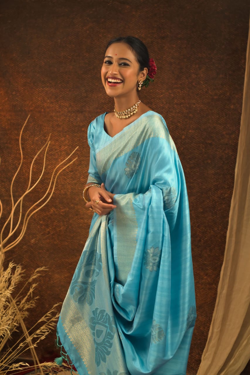 Sky Blue Soft Mulberry Silk Weaving Saree