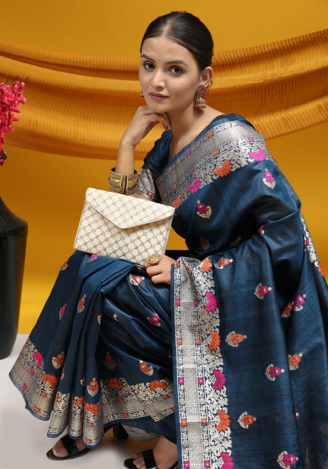 Blue Meena woven Border And Zari Woven Pallu With Fancy Tassels