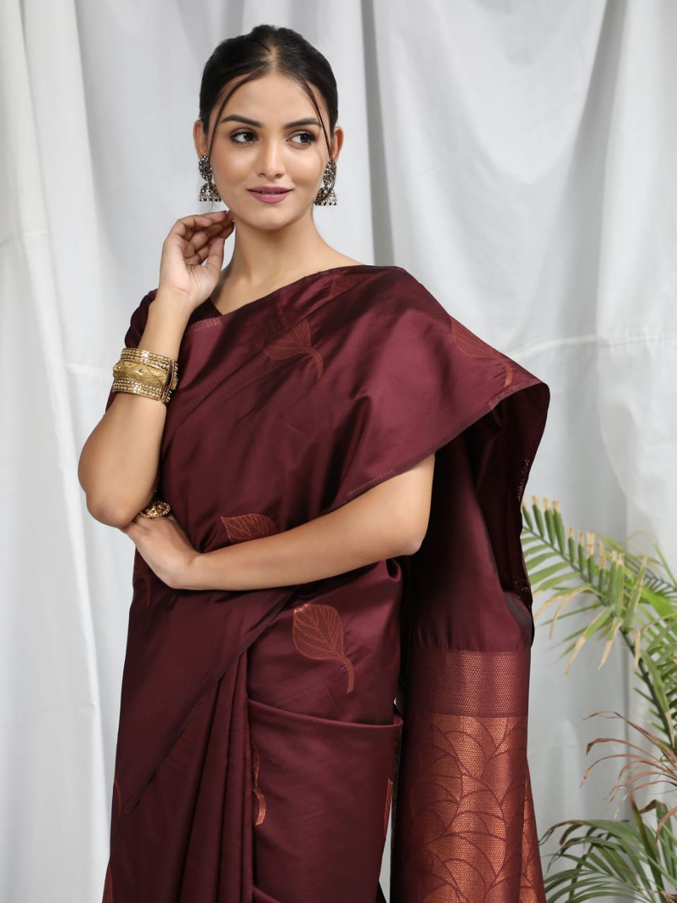 Marroon Soft Silk Saree With Copper Zari Weaves Butties Saree