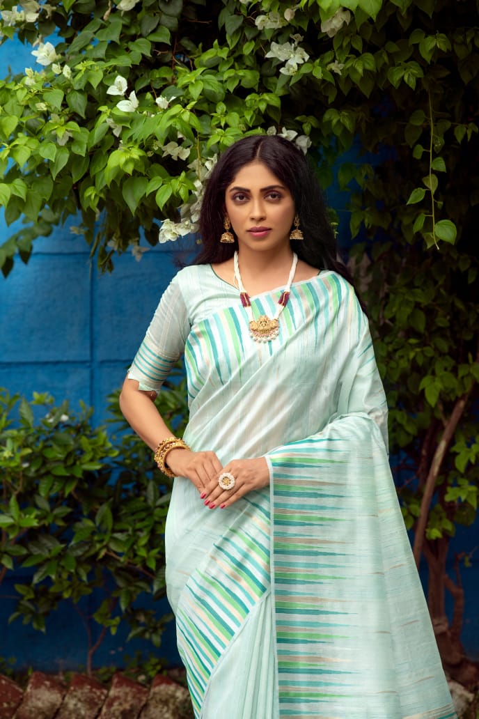 Sky Blue Tussar Silk weaving saree with Ikkat woven Border