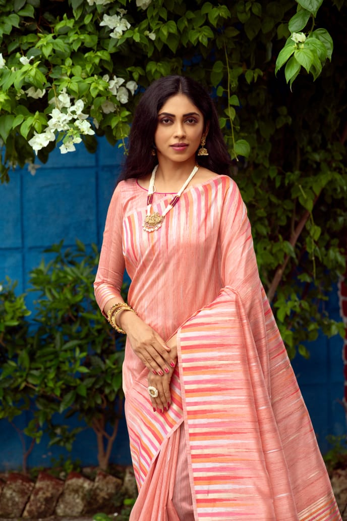 Pink Tussar Silk weaving saree with Ikkat woven Border