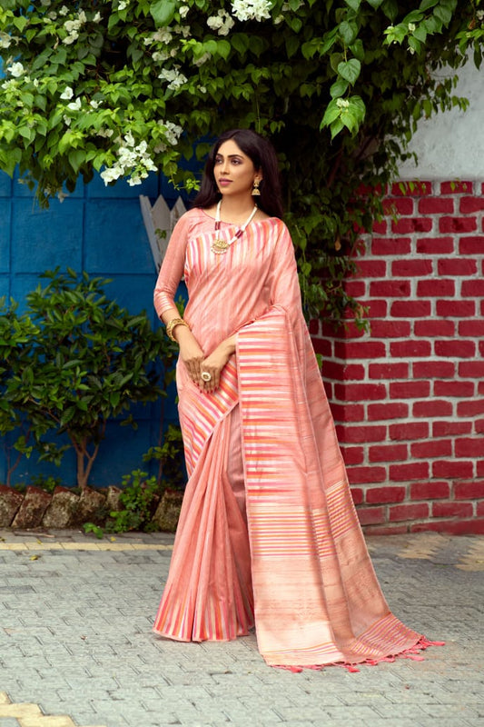 Pink Tussar Silk weaving saree with Ikkat woven Border