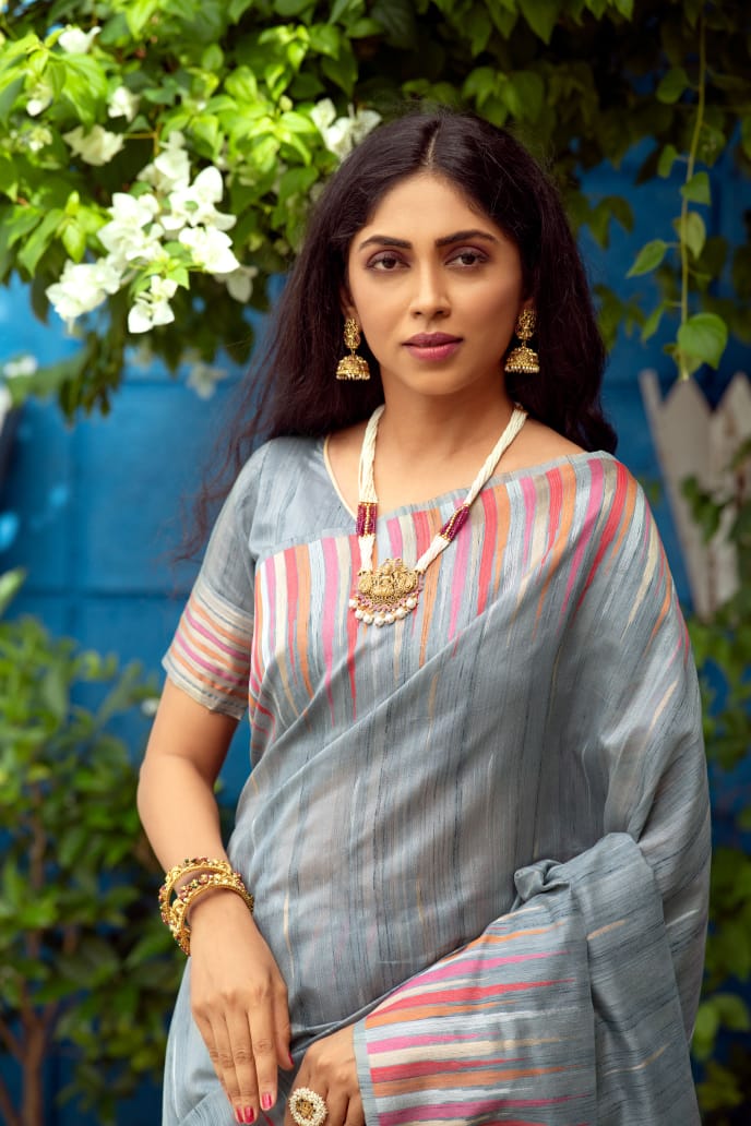 Grey Tussar Silk weaving saree with Ikkat woven Border