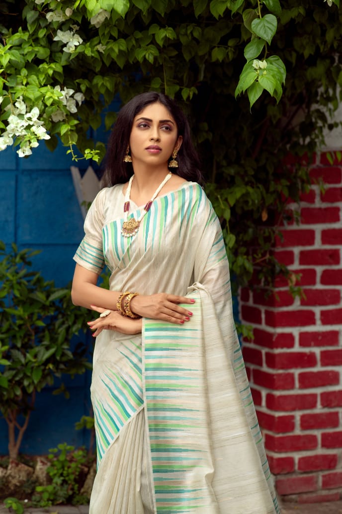 Light Grey Tussar Silk weaving saree with Ikkat woven Border