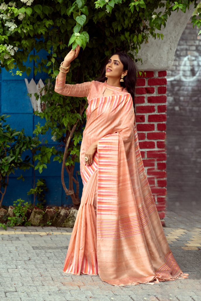 Peach Tussar Silk weaving saree with ikkat woven Border