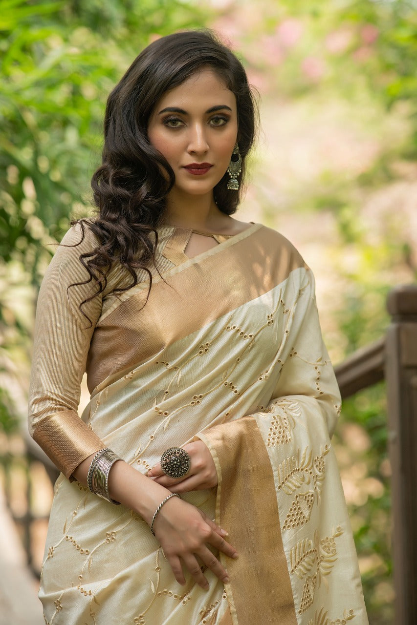 White Assam Silk Embroidered Saree