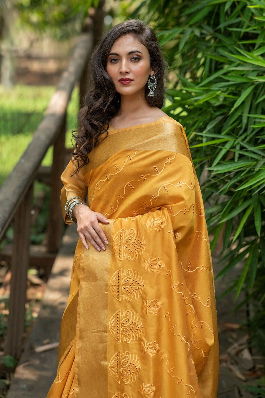 Mustard Assam Silk Embroidered Saree