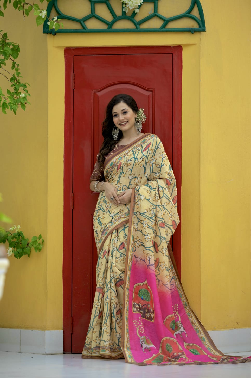Lemon Yeloow Linen Cotton Pichwai Print  Saree