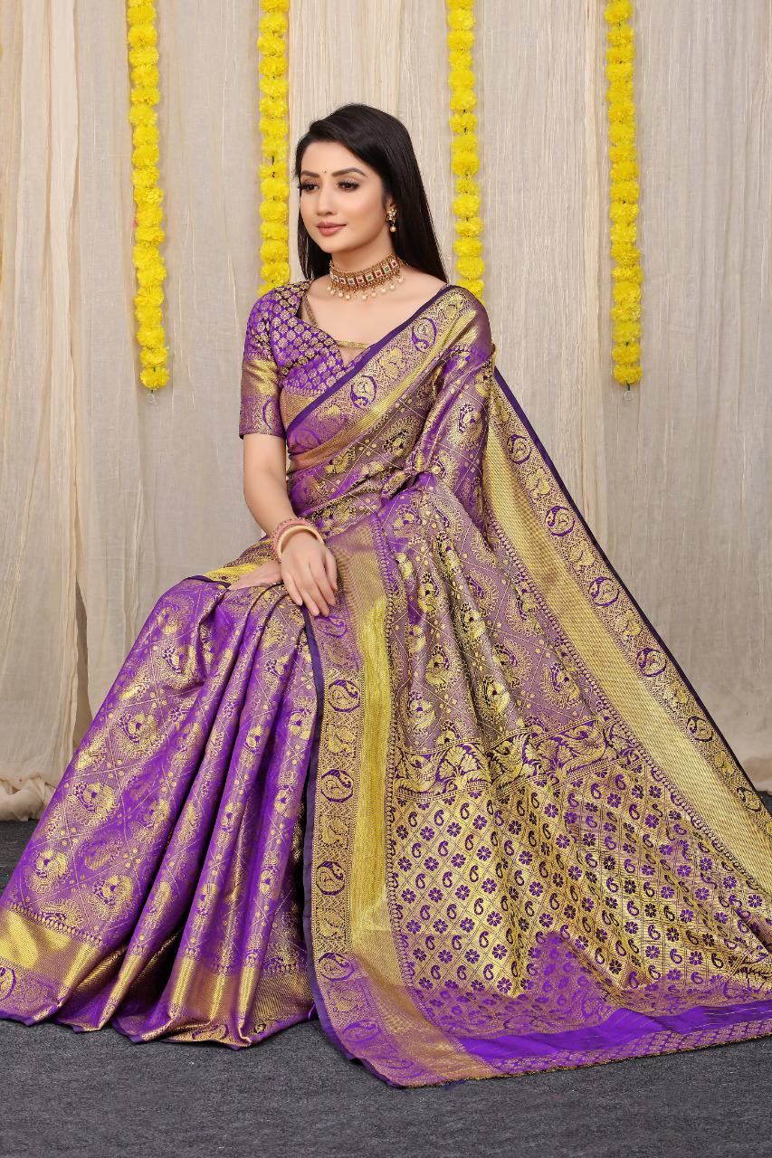 Beautiful Purple Lichi Silk Saree With Golden Weaving Work