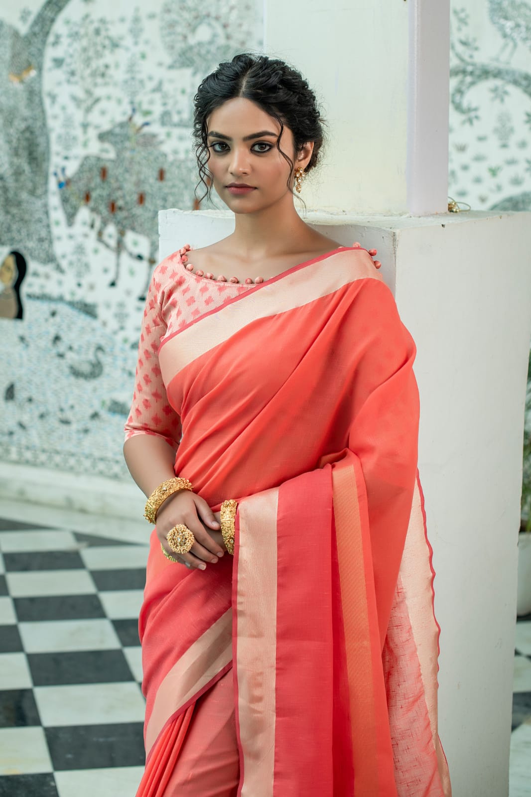Orange Pure Linen Saree Katha Weaving