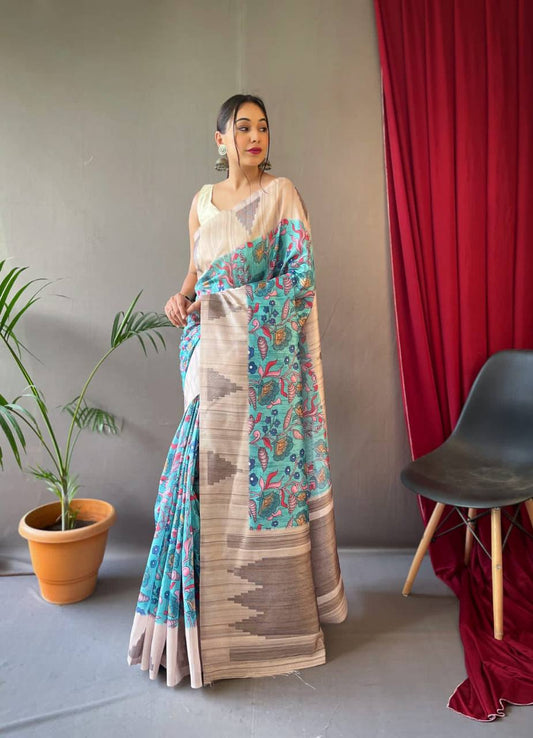 Sky Blue Tusser Sarees With Kalamkari Prints All Over With Woven Temple Border