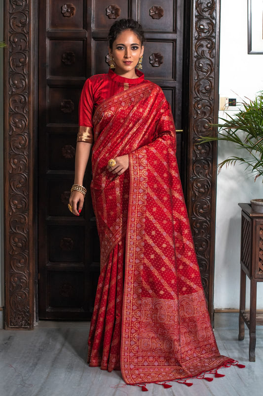 Red Pure Tussar Silk Jamdani Weaving Saree With Zari Woven Border