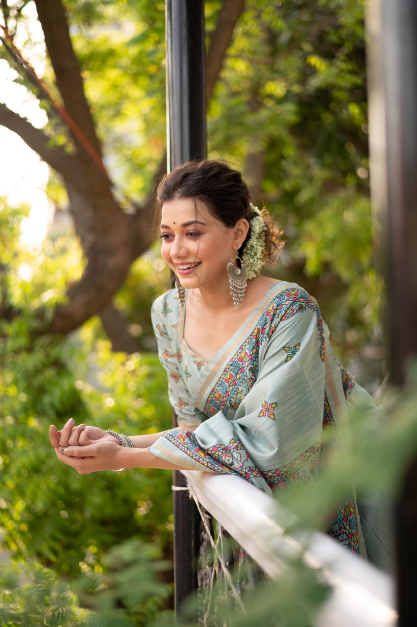 Green Tussar Silk Saree With Madhubani Print