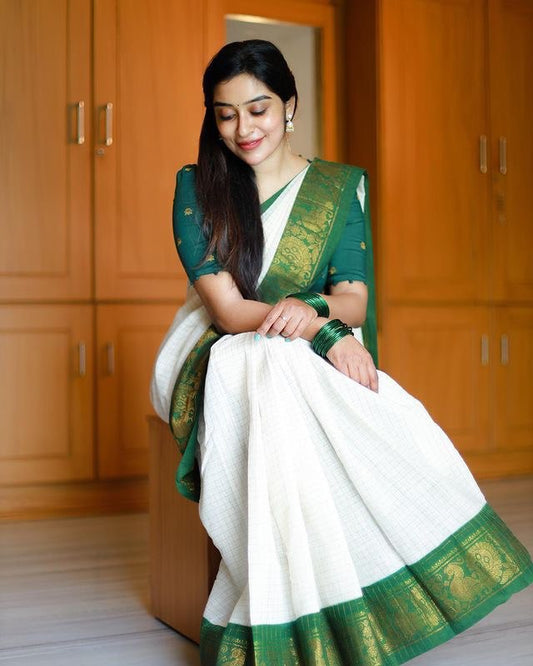 Green Lichi Silk Banarasi Saree With  Kanjiwaram Figure