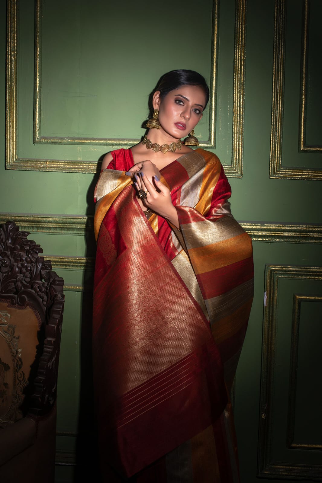 Red Tussar Silk Saree with unique Bishnoi broad Border
