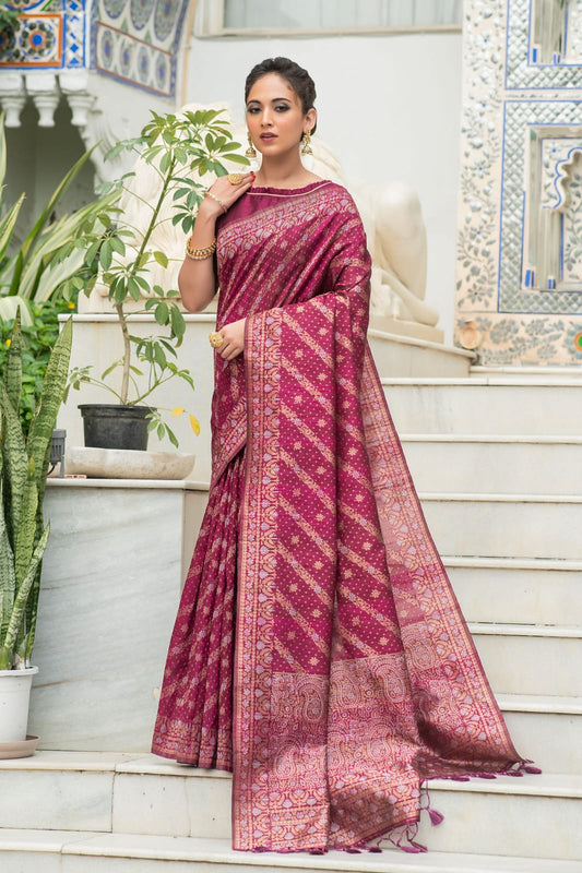 Wine Pure Tussar Silk Jamdani Weaving Saree With Zari Woven Border