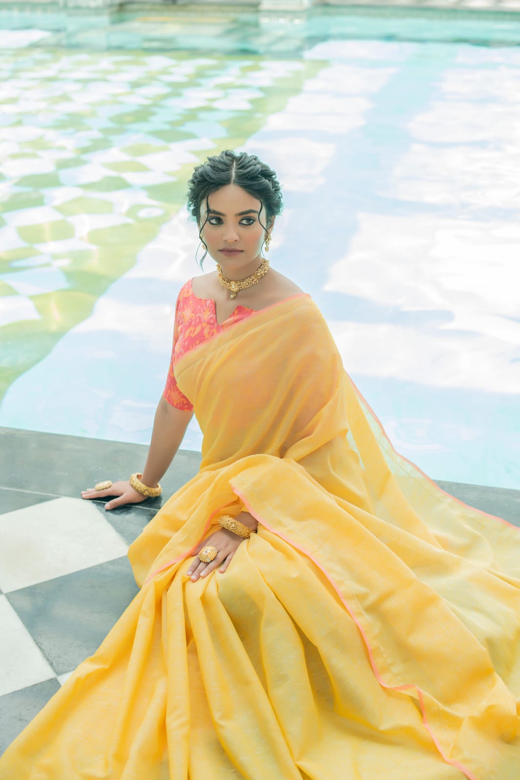 Yellow Pure Linen Saree Katha Weaving