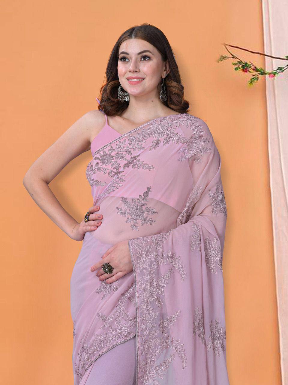 Pink Georgette Embroidered Work Saree With Piping Border
