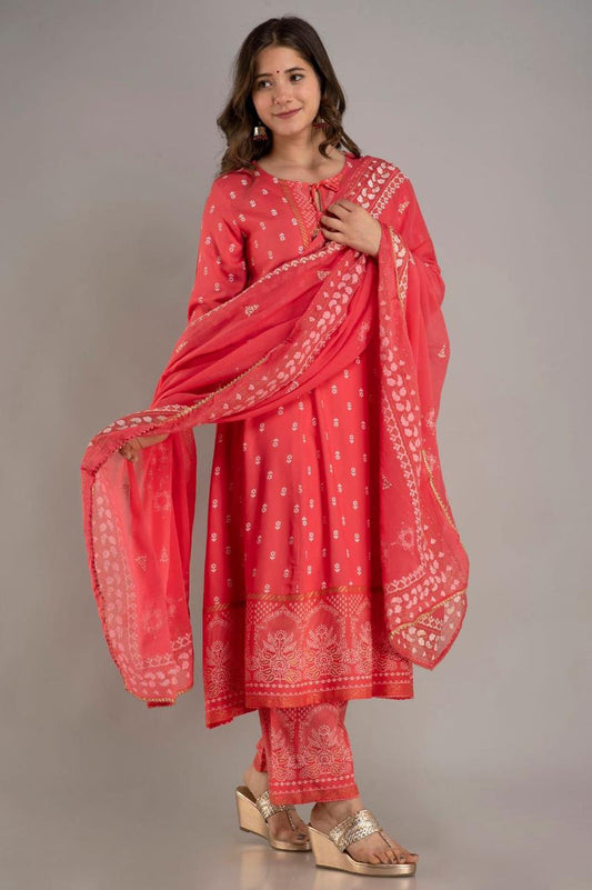 Beautiful Orange Heavy Printed Anarkali Kurti With Palazzo And Dupatta