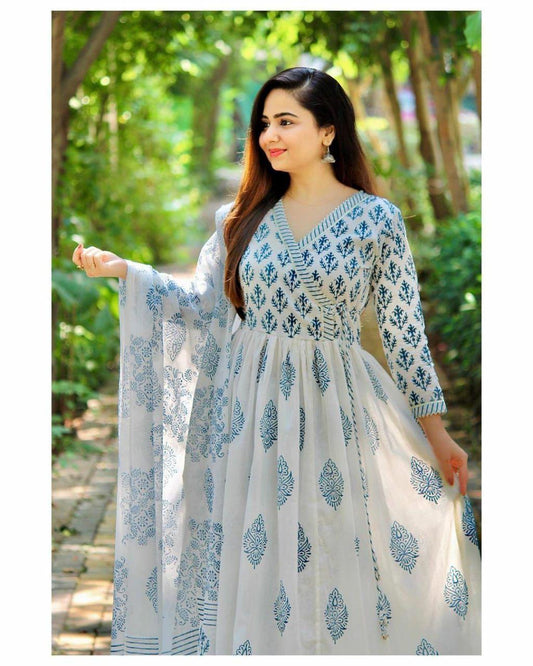 Beautiful Light Blue Leaf printed Kurti Plazzo and Dupatta Set