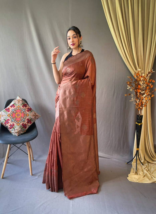 Brown Pure Linen Tissue Combination Saree