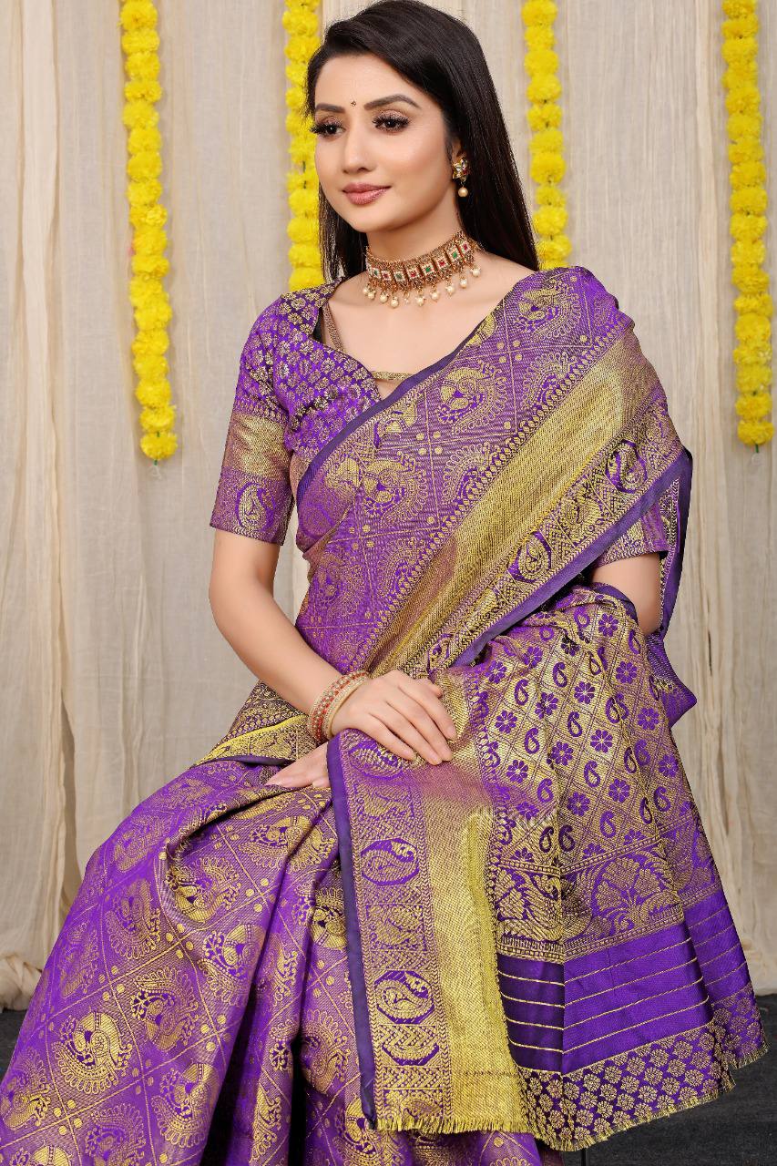 Beautiful Purple Lichi Silk Saree With Golden Weaving Work