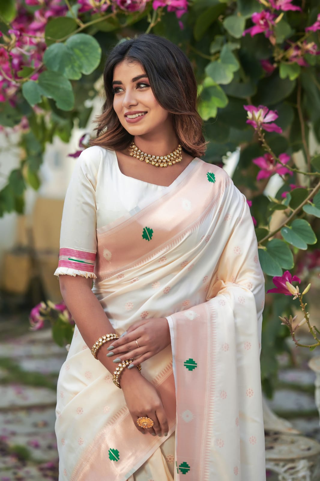White Banarasi Soft Silk Paithani Saree With Zari Border