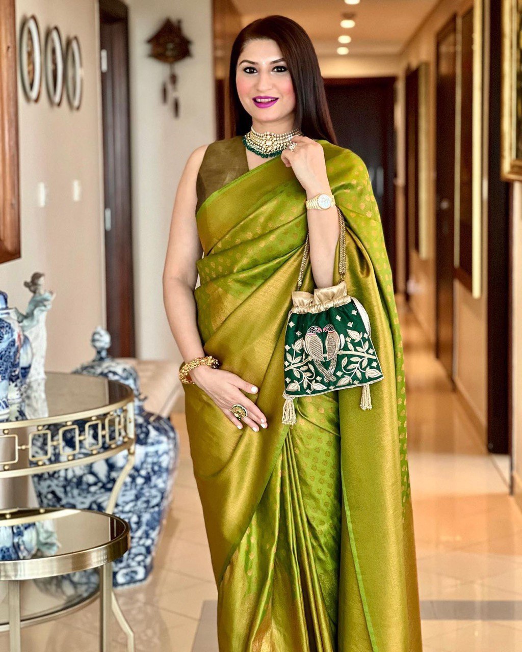 Green Lichi Silk Banarasi Saree