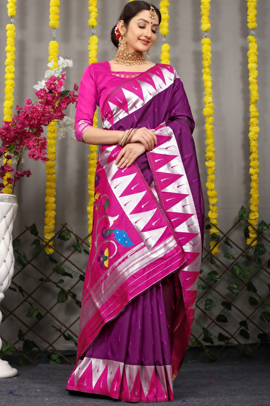 Soft Whine Silk Paithani Saree With Rich Pallu And Meenakari work