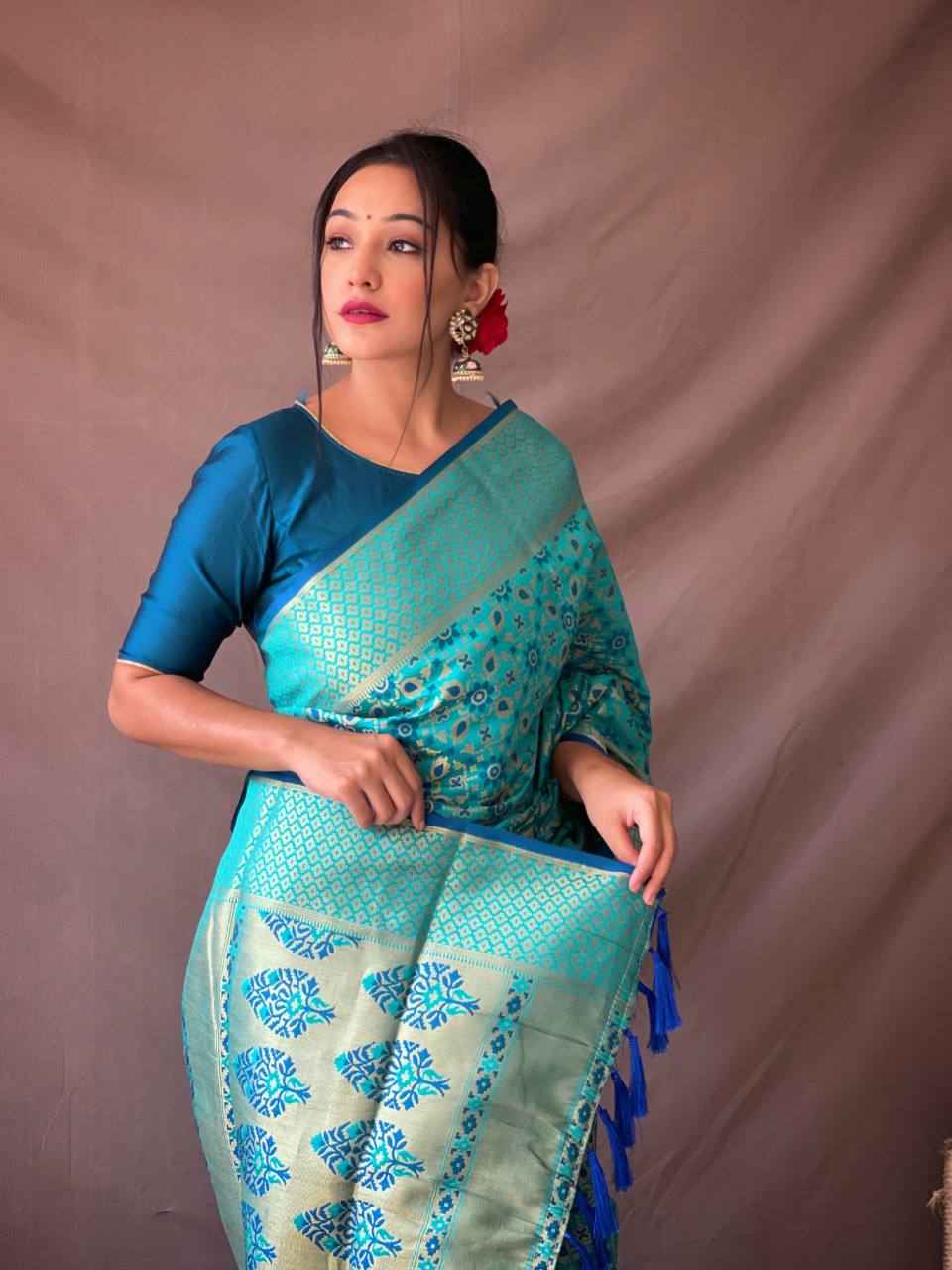 Blue Pure Patola Silk Saree With Contrast Meenakari