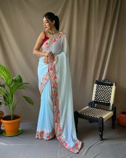 Blue Pure Gorgate Saree With Sequence Work