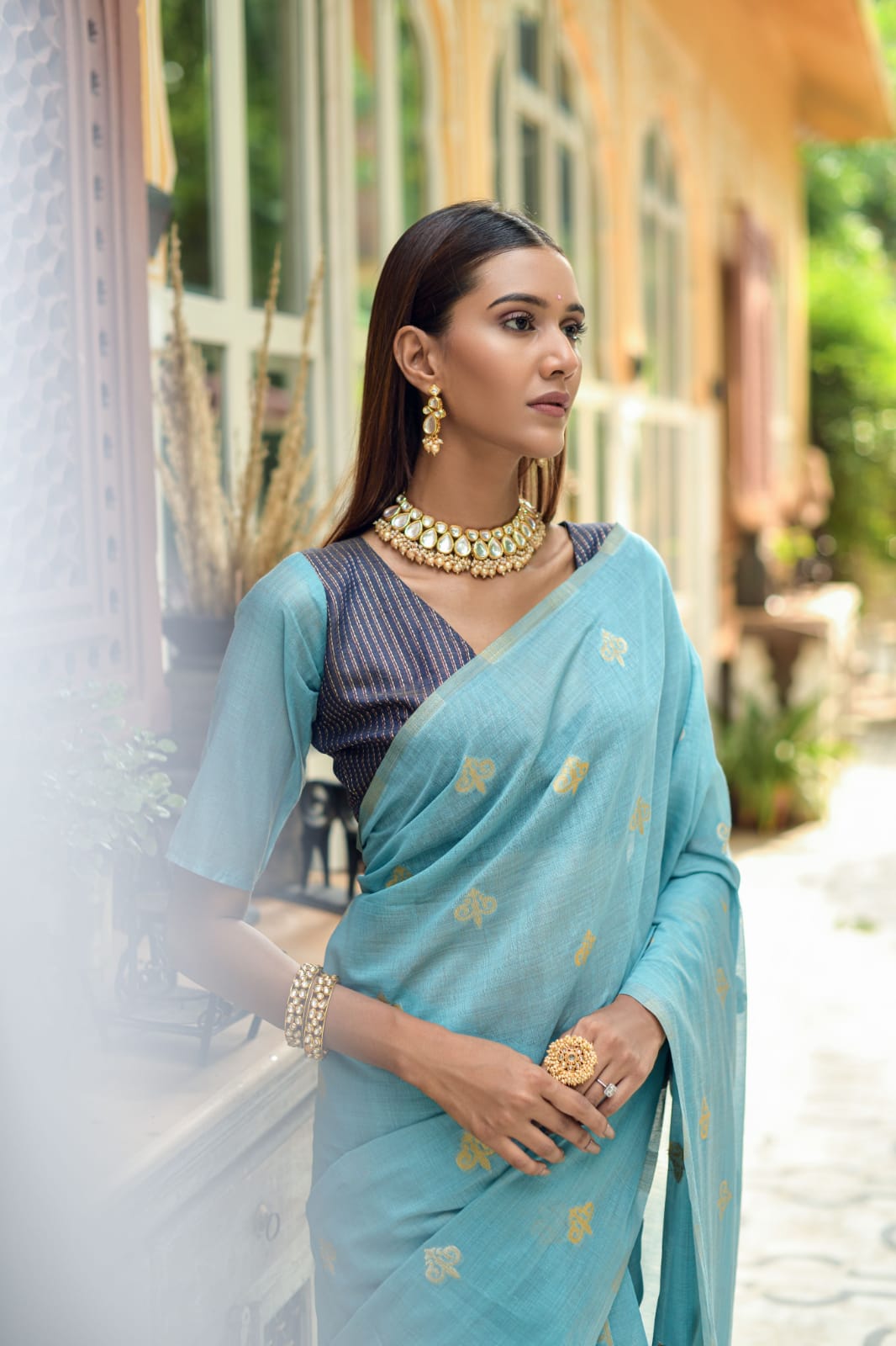 Blue Chanderi Silk Saree With Silver And Copper Zari Weaves