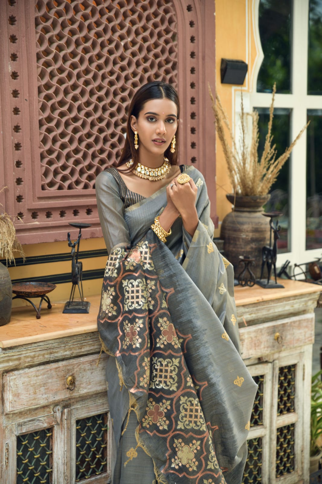 Grey Chanderi Silk Saree With Silver And Copper Zari Weaves