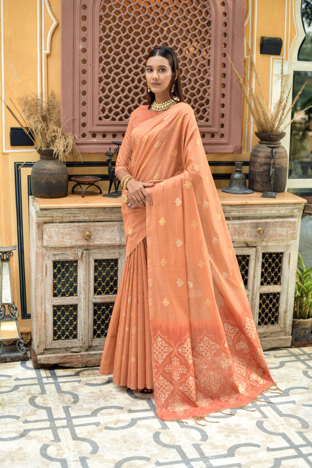 Peach Chanderi Silk Saree With Silver And Copper Zari Weaves