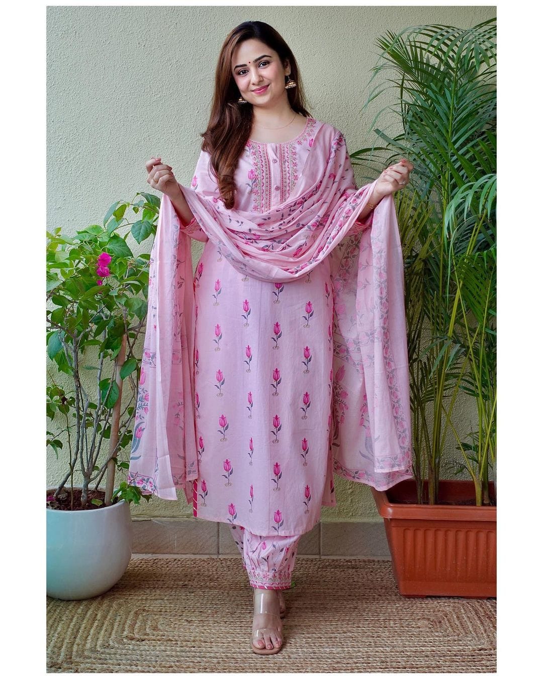 Pink Cotton Printed Afghani Suit Set