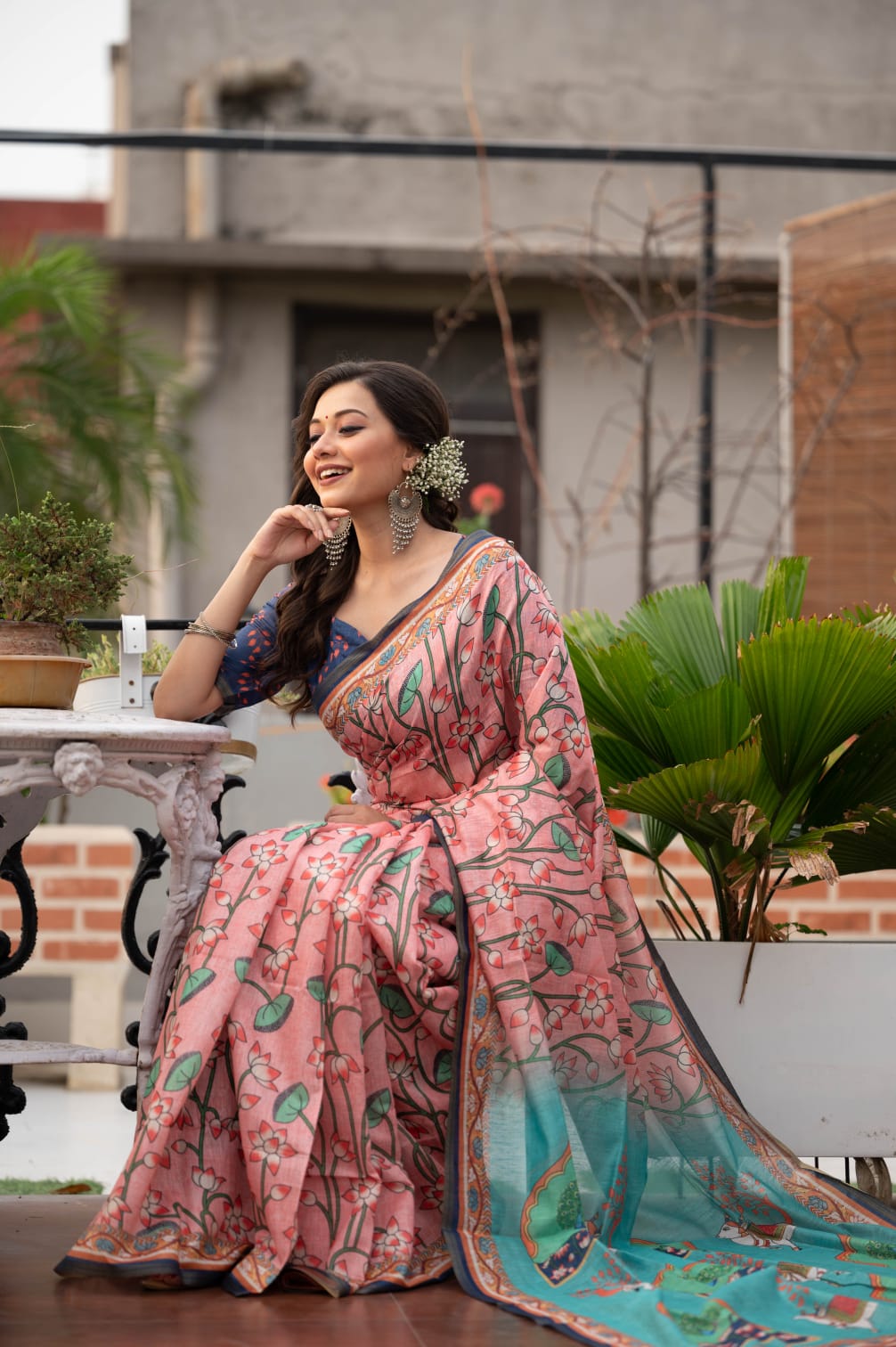 Rose Pink Linen Cotton Pichwai Print  Saree