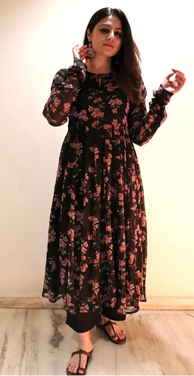 Beautiful Black Georgette Red Printed Gown