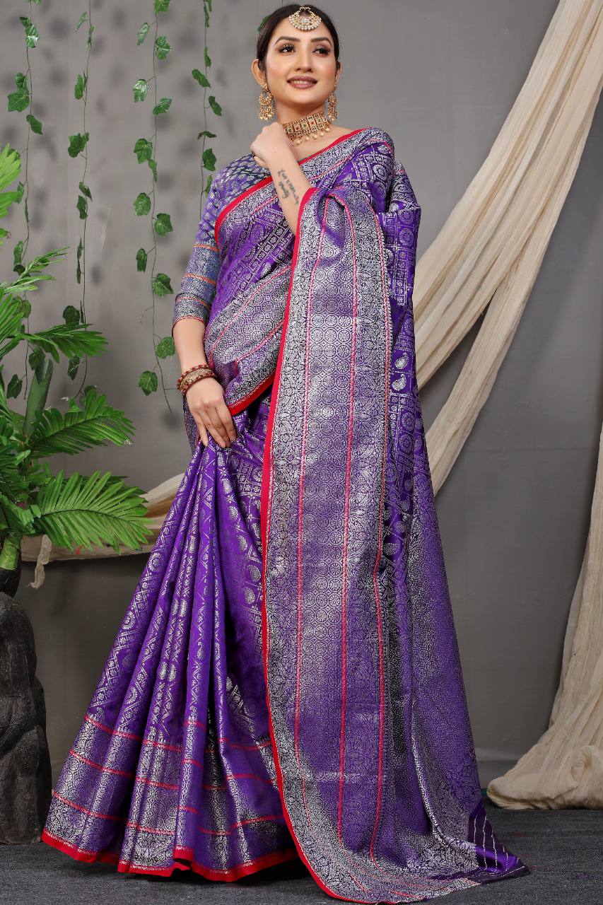 Beautiful Purple Lichi Soft Silk Saree With Weaving Silver