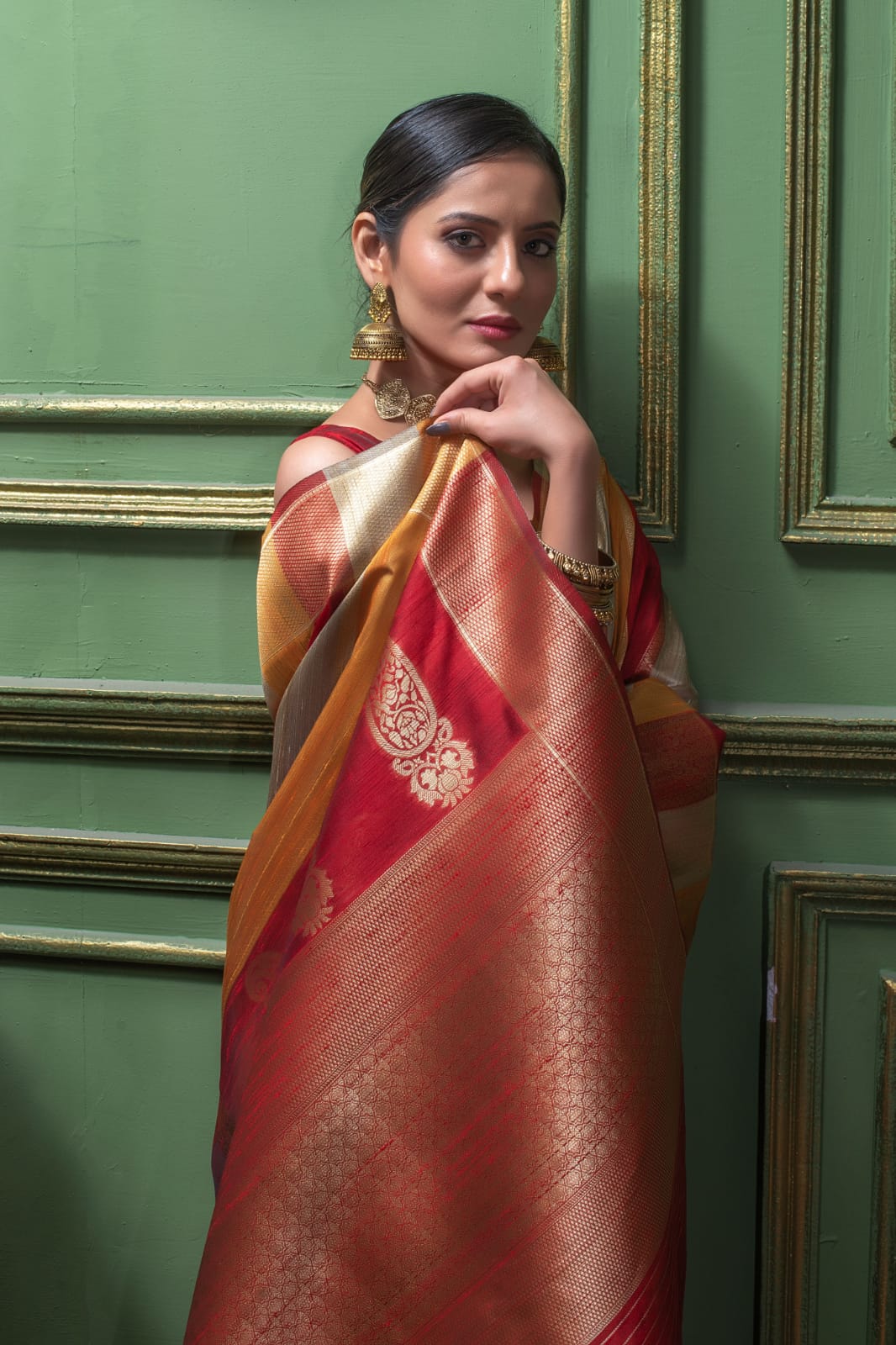 Red Tussar Silk Saree with unique Bishnoi broad Border
