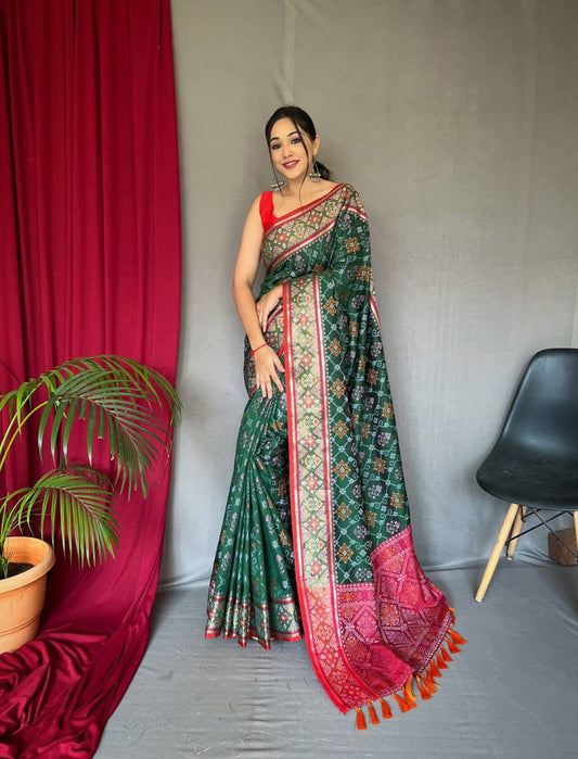 Dark Green Soft Rangeen Patola Silk Saree