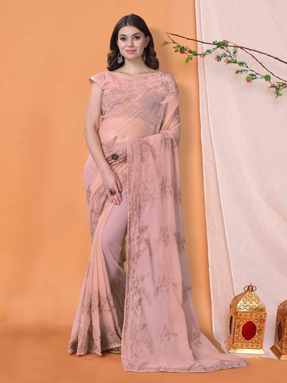 Peach Georgette Embroidered Work Saree With Piping Border