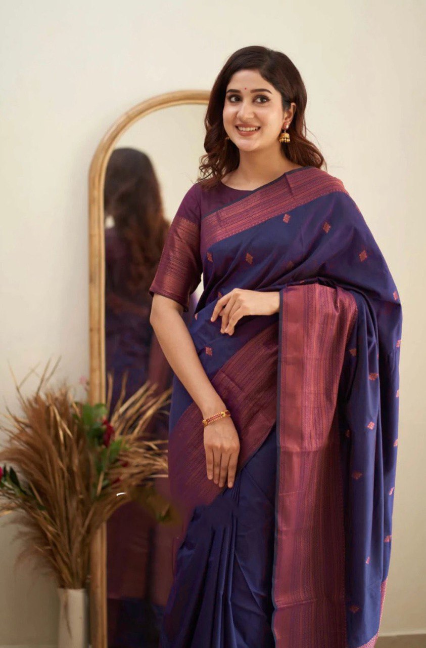 Nevy Blue Coper Weaving Lichi Silk Banarasi Saree