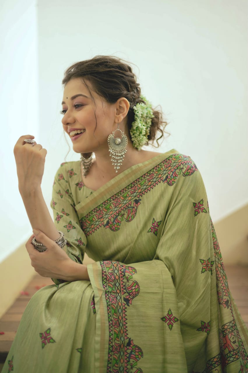 Parrot Tussar Silk Saree With Madhubani Print