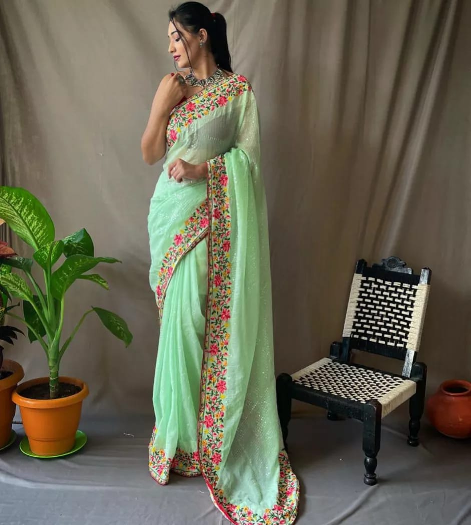 Green Pure Gorgate Saree With Sequence Work
